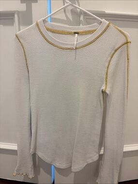 Free People White Waffle Long-Sleeve Top with Gold Stitching. Never worn